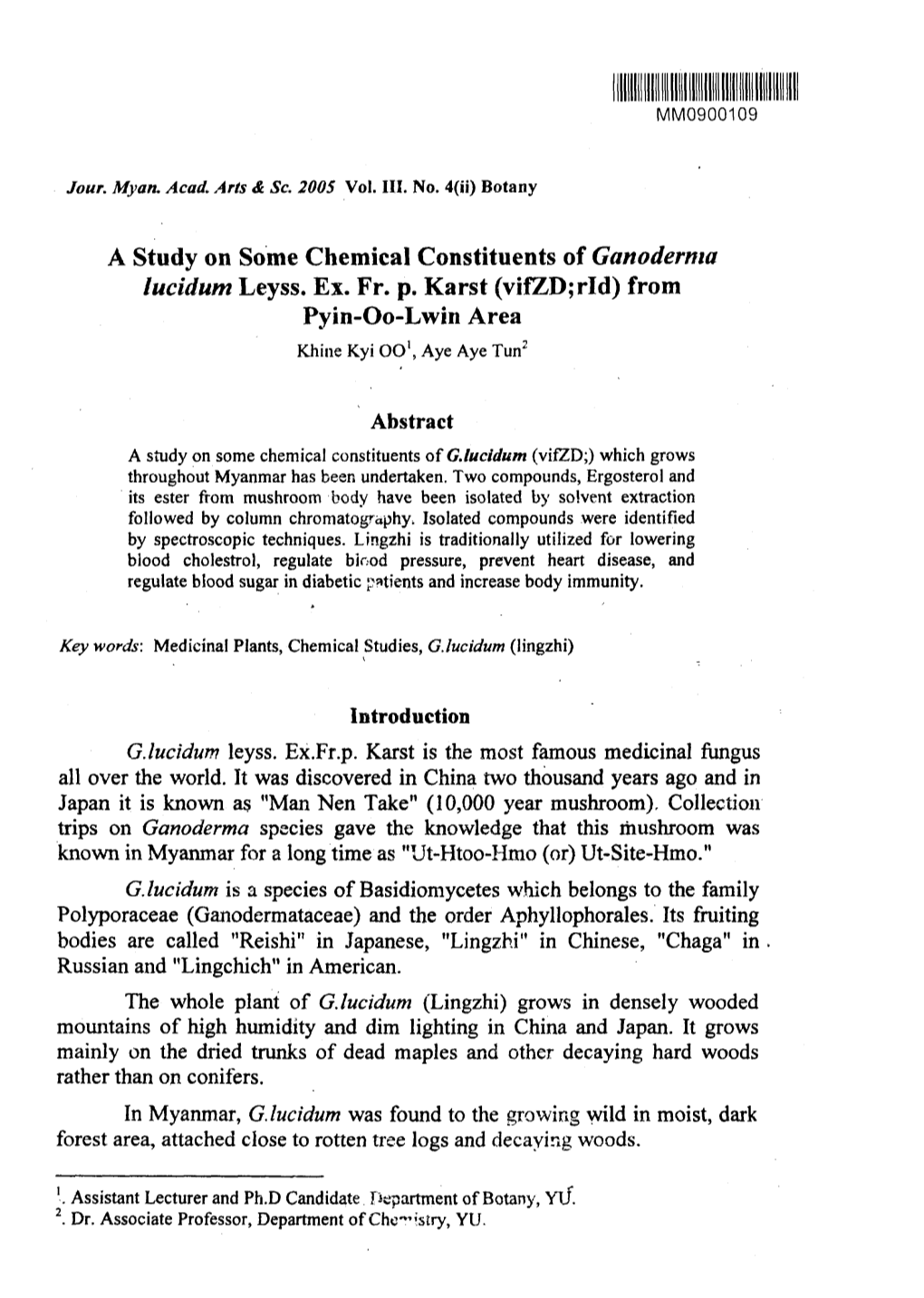 A Study on Some Chemical Constituents of Ganoderma Lucidum Leyss