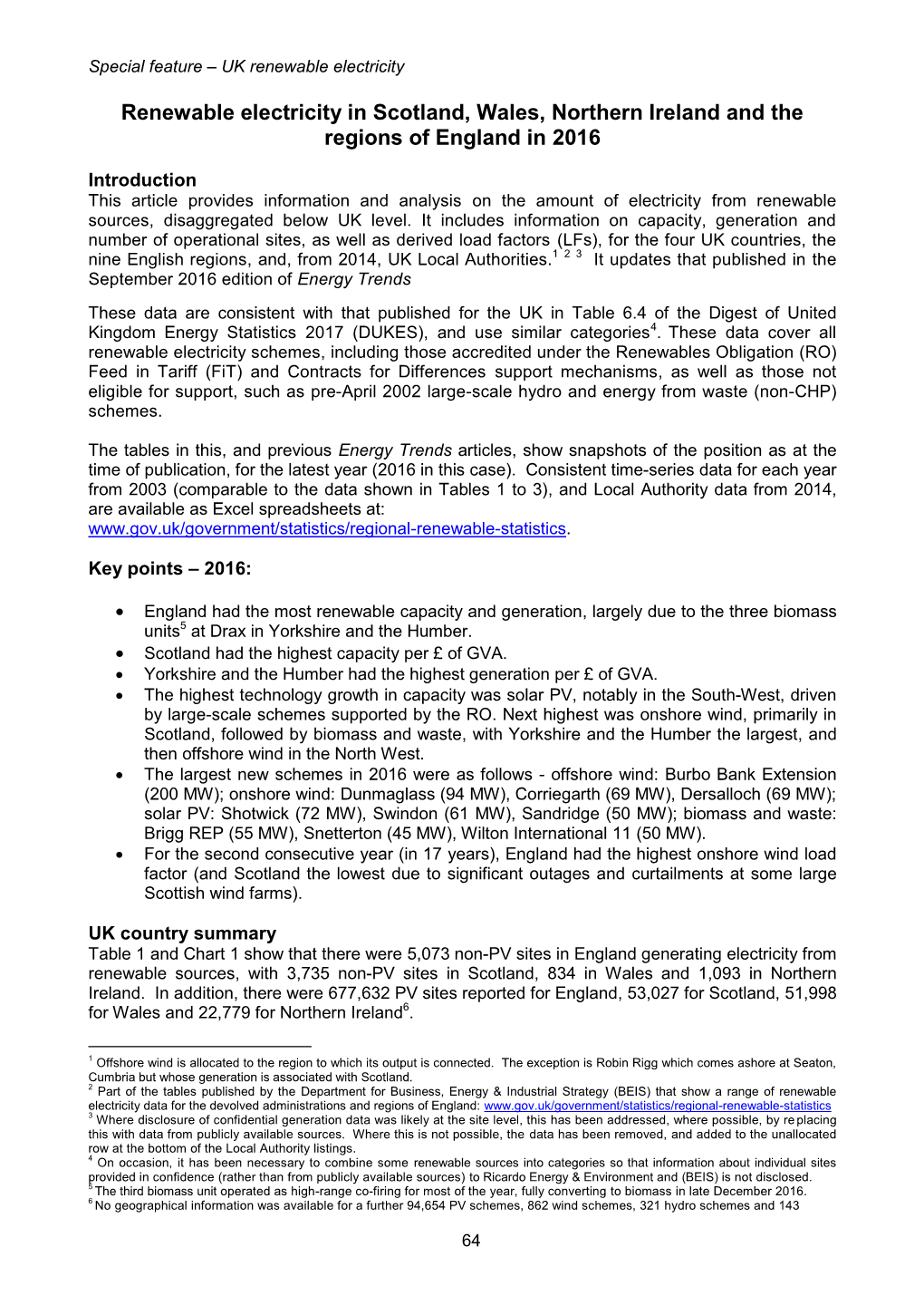 Renewable Electricity in Scotland, Wales, Northern Ireland and the Regions of England in 2016