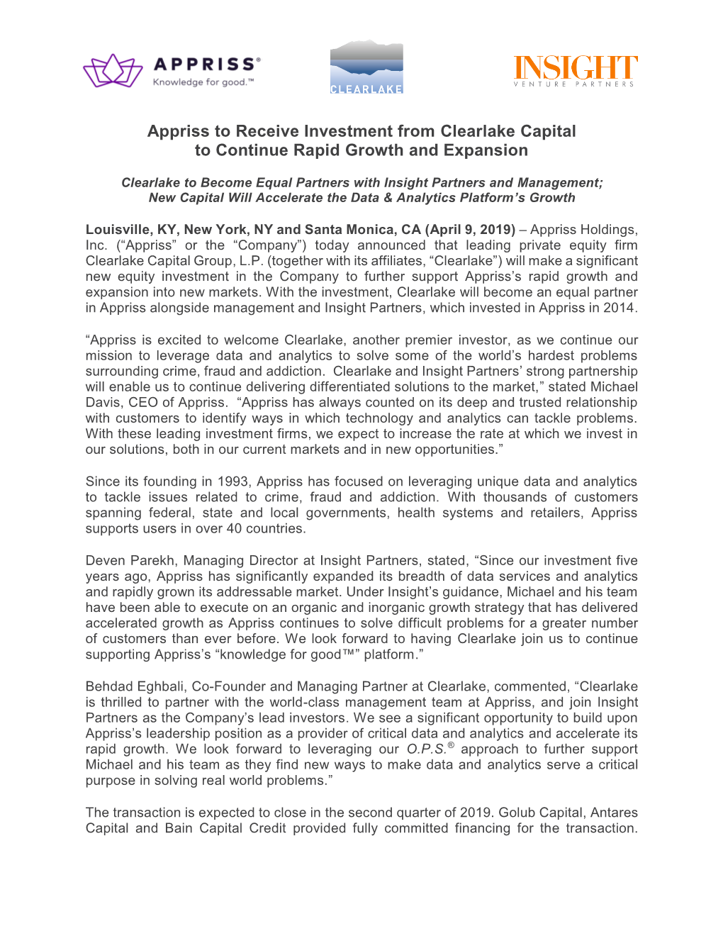 Appriss to Receive Investment from Clearlake Capital to Continue Rapid Growth and Expansion