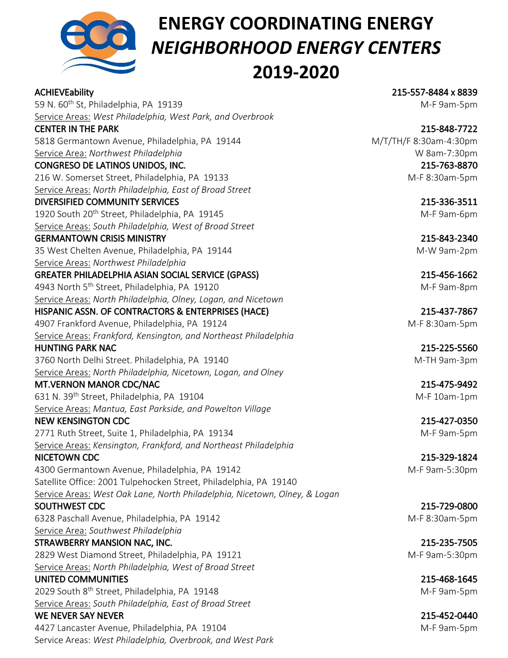 NEIGHBORHOOD ENERGY CENTERS 2019-2020 Achieveability 215-557-8484 X 8839 59 N