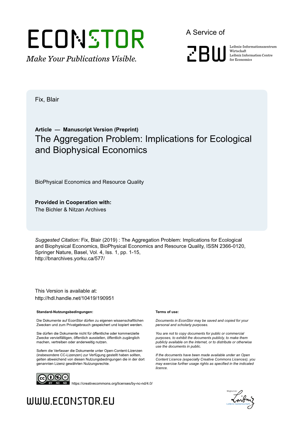 The Aggregation Problem: Implications for Ecological and Biophysical Economics