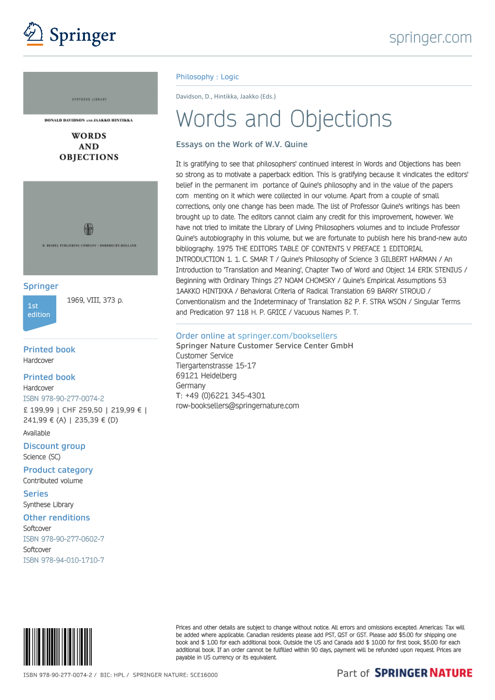 Words and Objections Essays on the Work of W.V