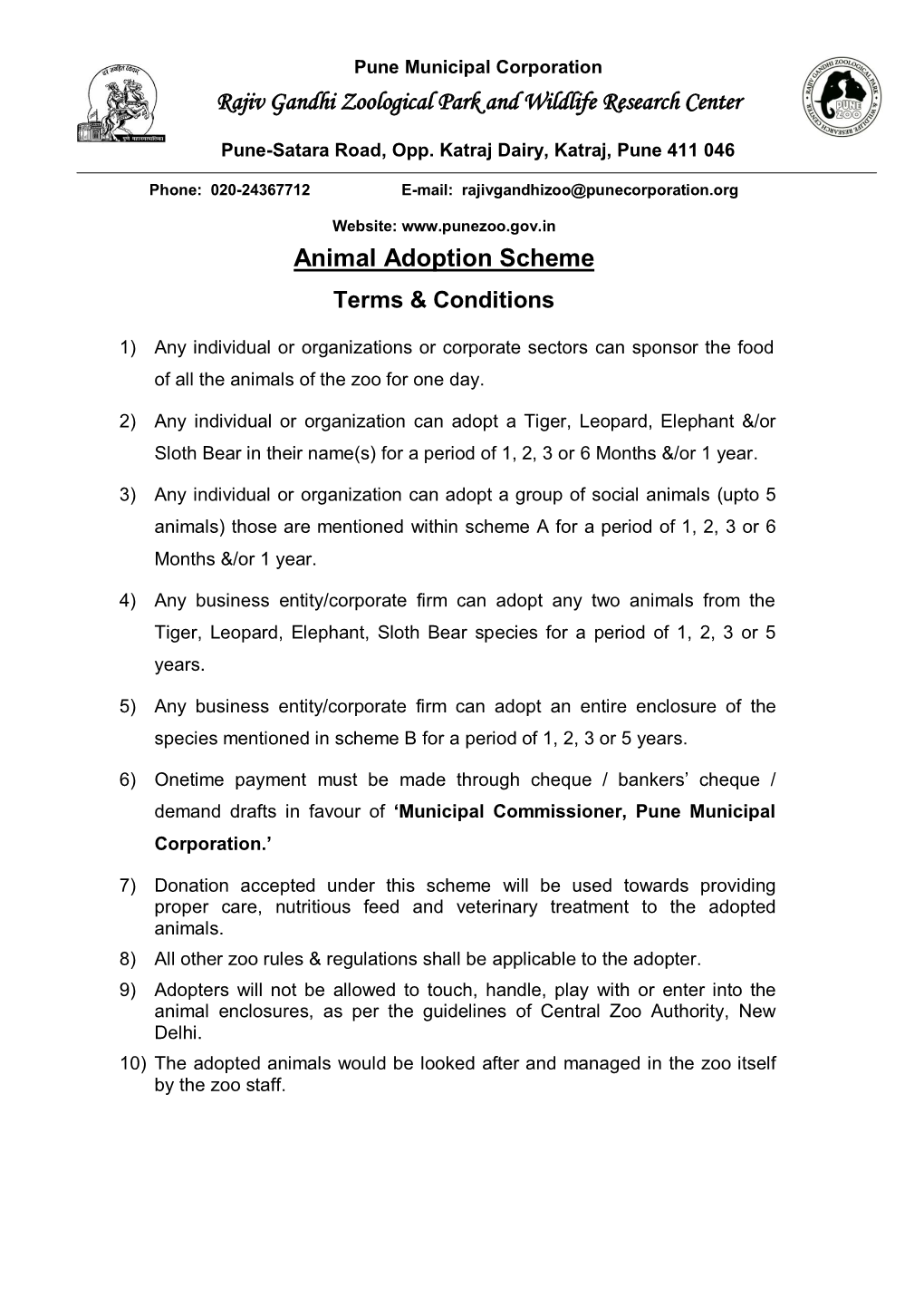 Rajiv Gandhi Zoological Park and Wildlife Research Center Animal Adoption Scheme