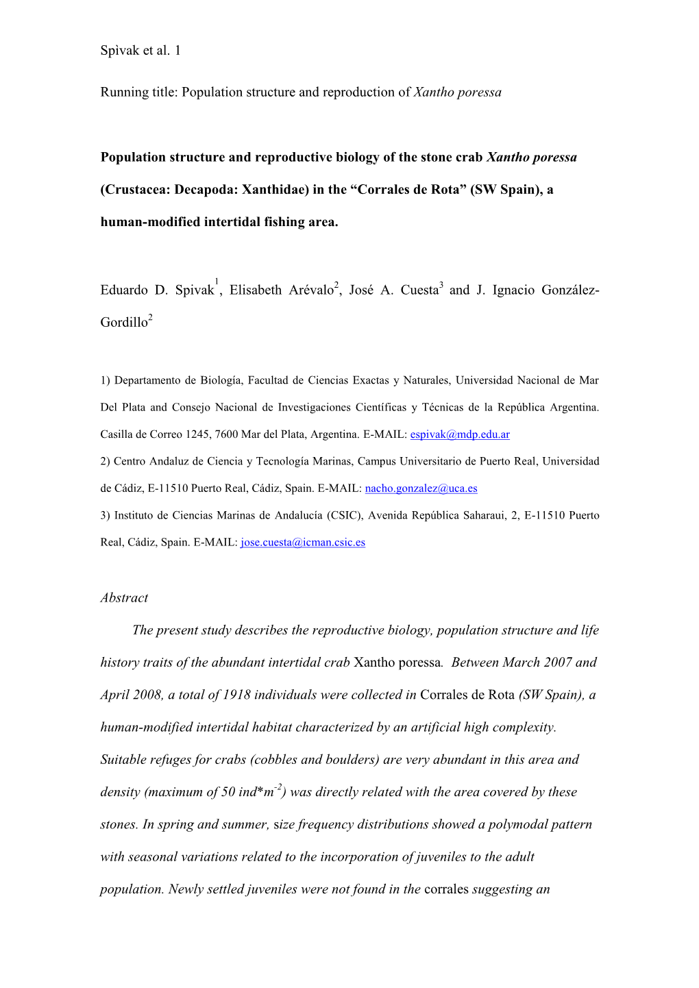 Population Structure and Reproductive Biology of the Intertidal Crab Xantho