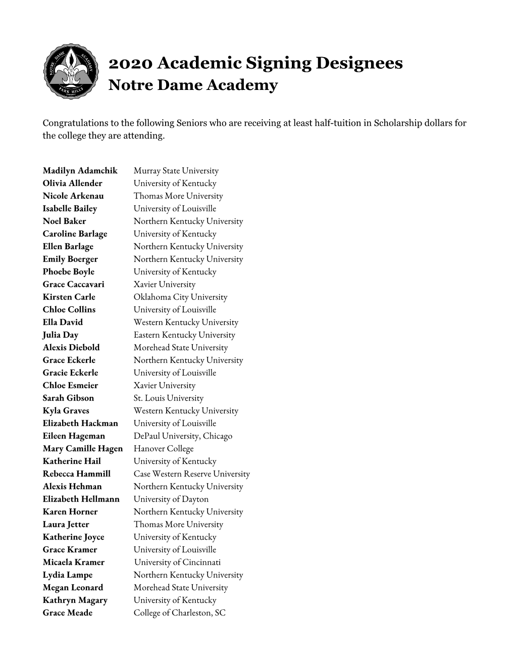 2020 Academic Signing Designees Notre Dame Academy