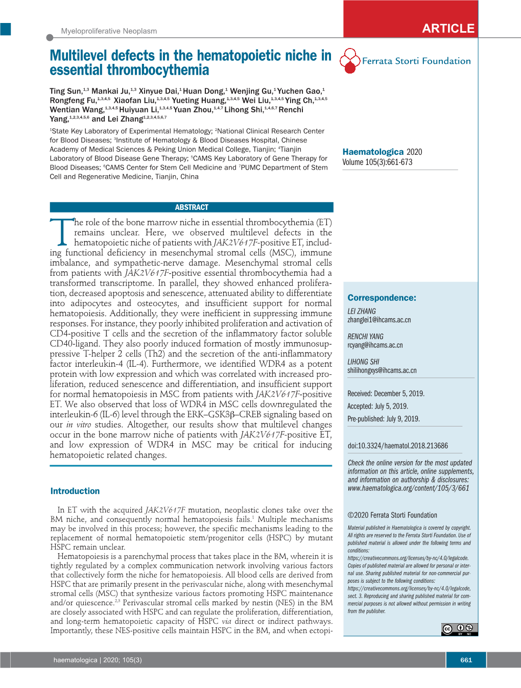 Multilevel Defects in the Hematopoietic Niche in Essential Thrombocythemia Ferrata Storti Foundation