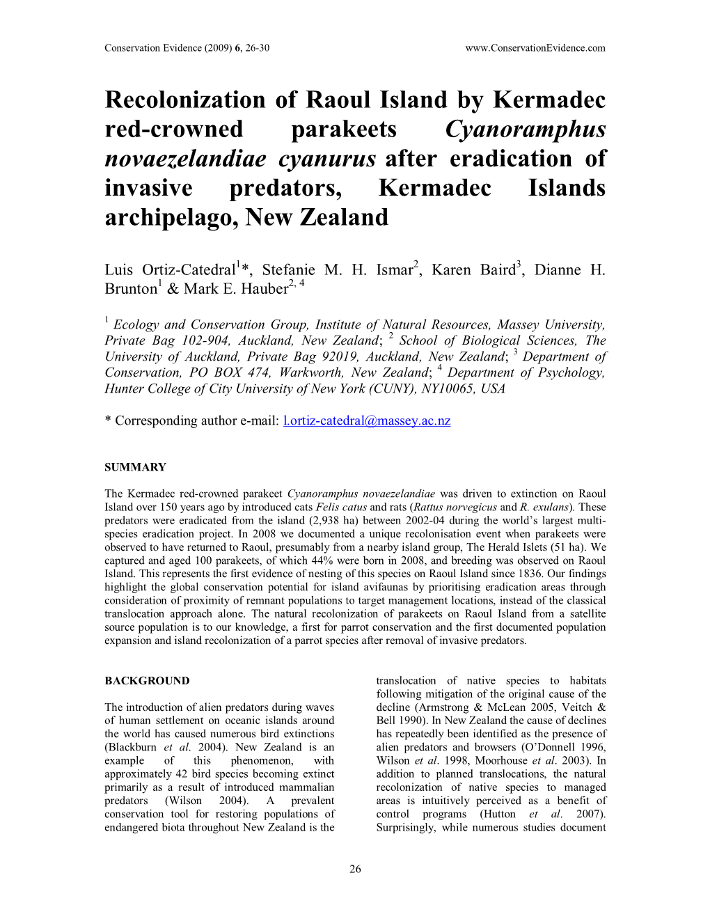 Recolonization of Raoul Island by Kermadec Red-Crowned Parakeets