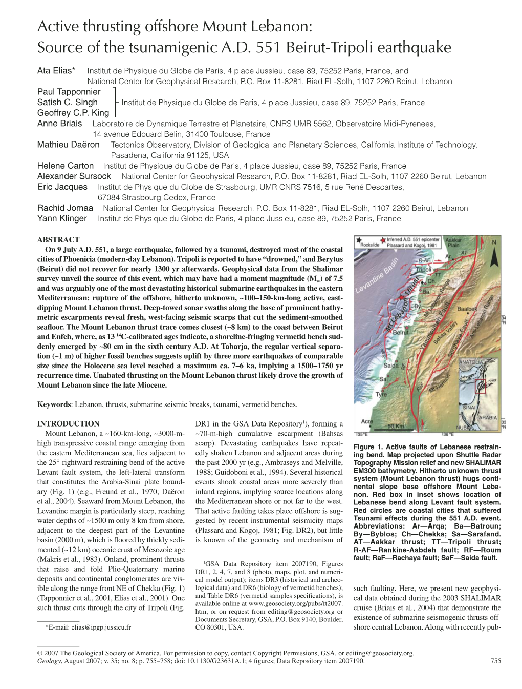 Active Thrusting Offshore Mount Lebanon: Source of the Tsunamigenic A.D. 551 Beirut-Tripoli Earthquake