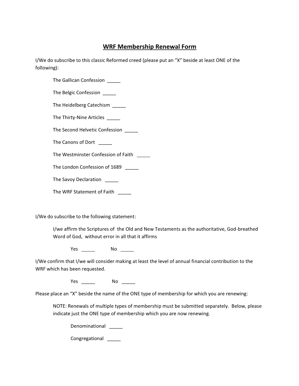 WRF Membership Renewal Form