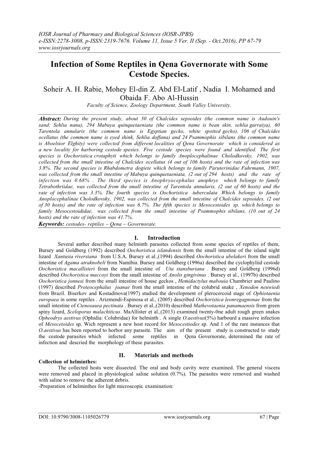 Infection of Some Reptiles in Qena Governorate with Some Cestode Species