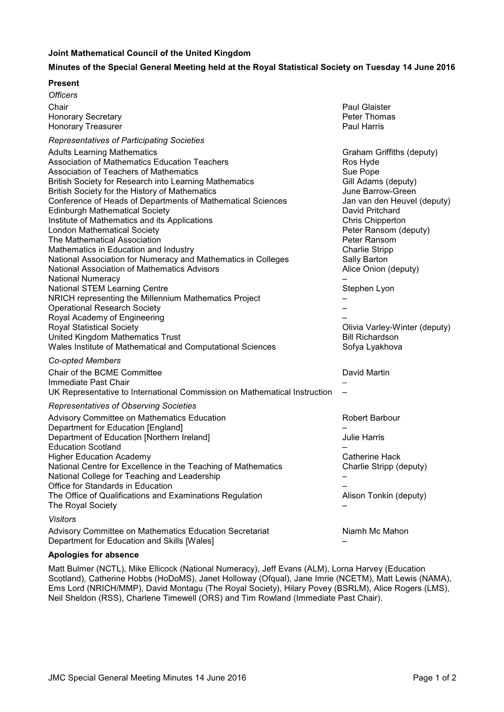 JMC Special General Meeting Minutes 14 June 2016 Page 1 of 2 Joint