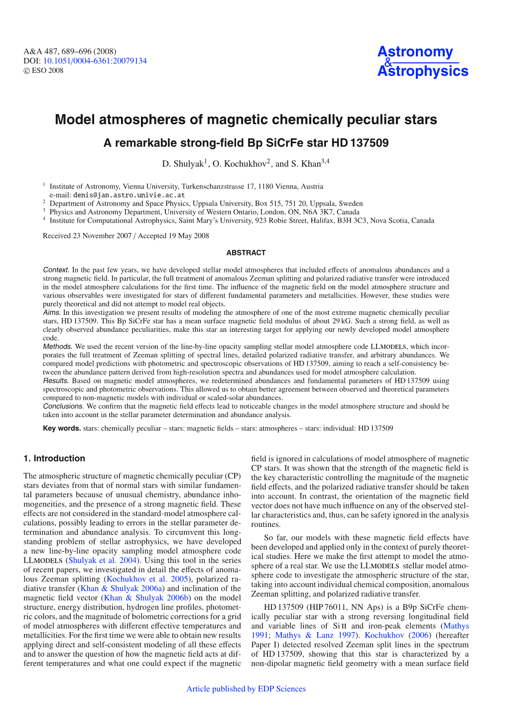 Model Atmospheres of Magnetic Chemically Peculiar Stars a Remarkable Strong-ﬁeld Bp Sicrfe Star HD 137509