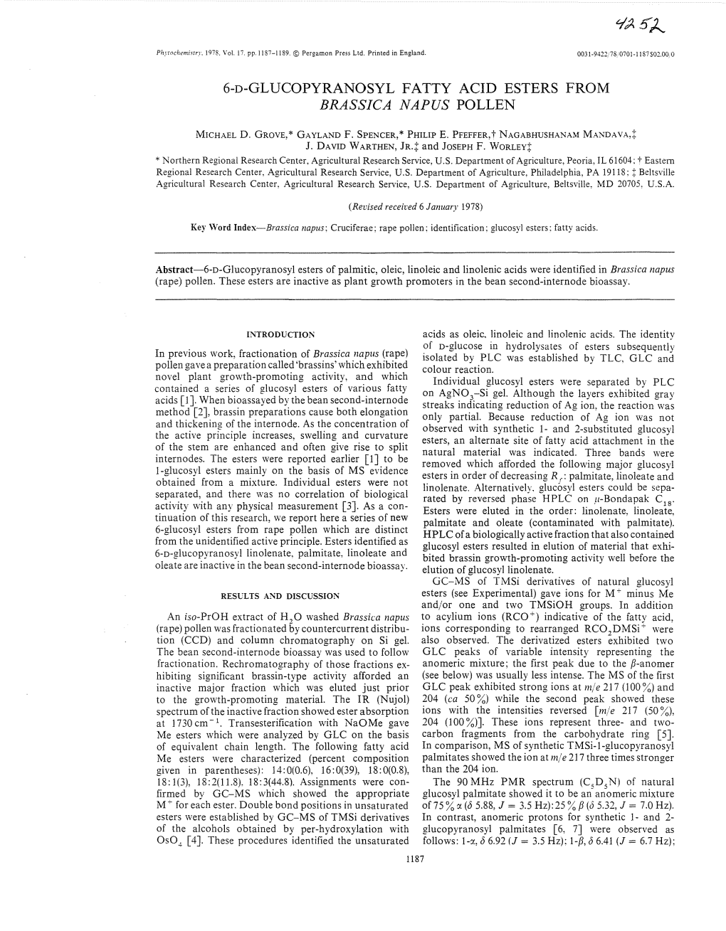 6-D-Glucopyranosyl Fatty Acid Esters from Brassica Napus Pollen