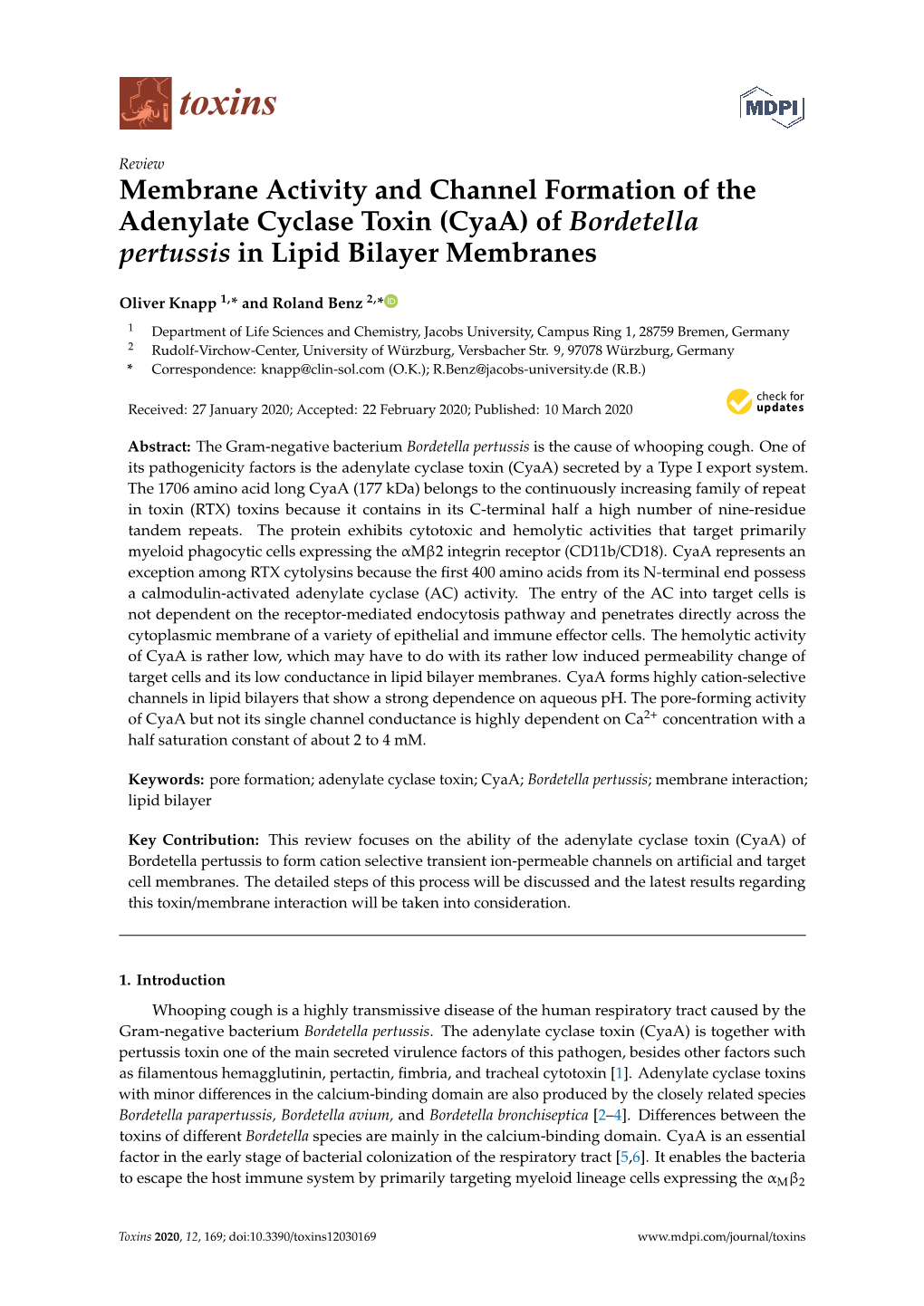 Membrane Activity and Channel Formation of the Adenylate Cyclase Toxin (Cyaa) of Bordetella Pertussis in Lipid Bilayer Membranes