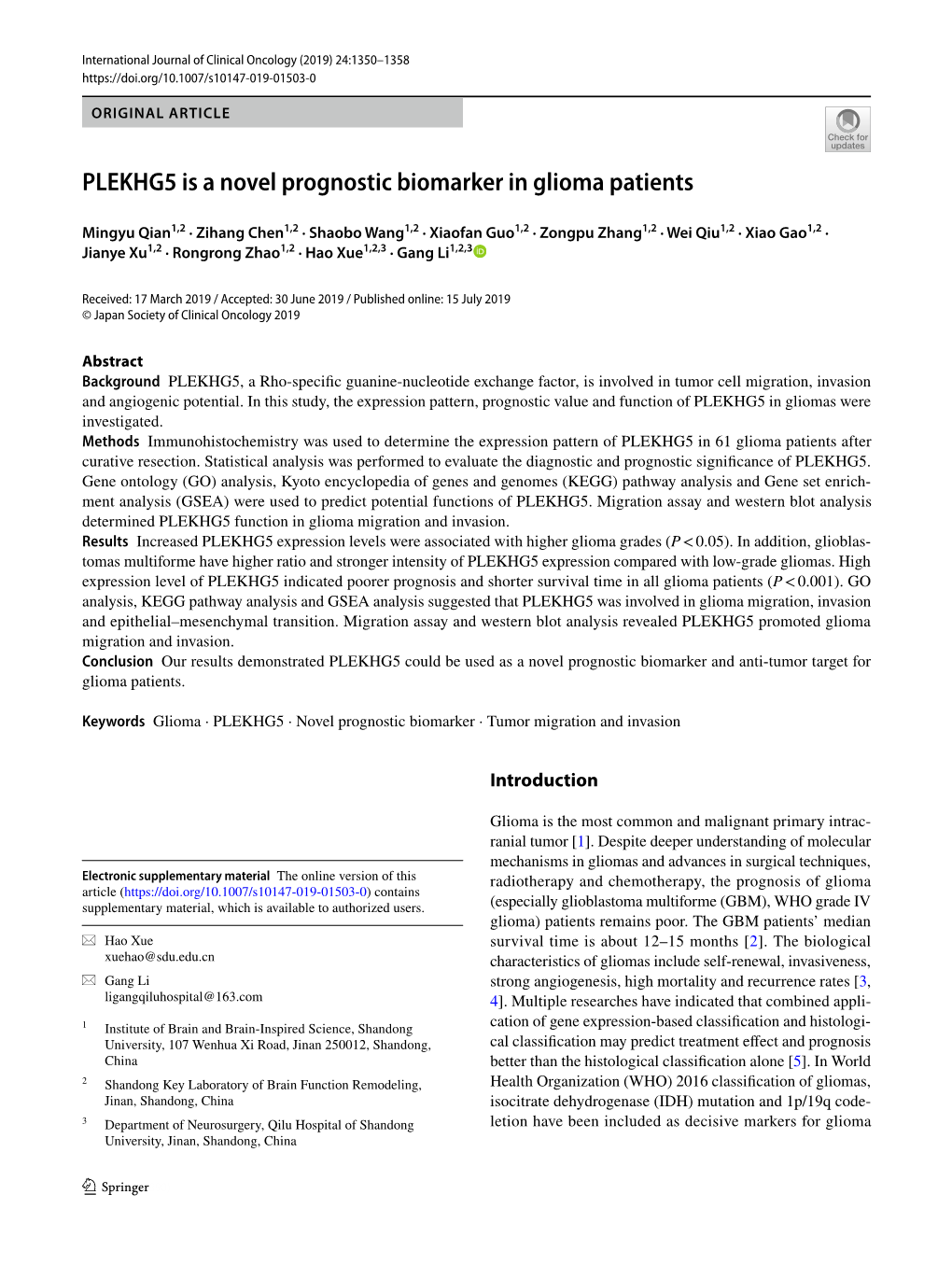 PLEKHG5 Is a Novel Prognostic Biomarker in Glioma Patients