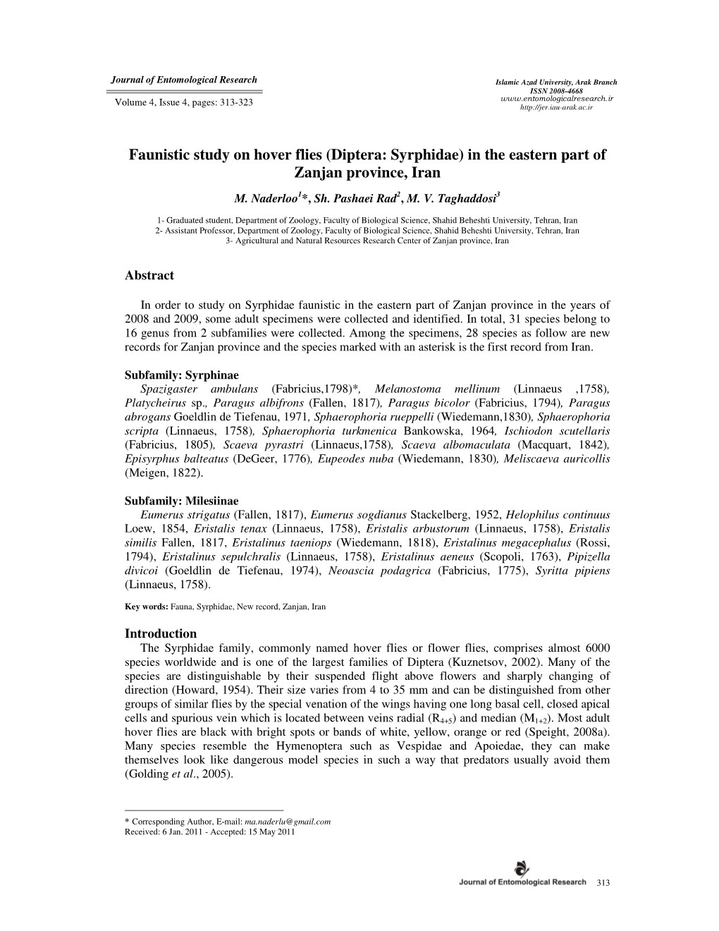 Faunistic Study on Hover Flies (Diptera: Syrphidae) in the Eastern Part of Zanjan Province, Iran