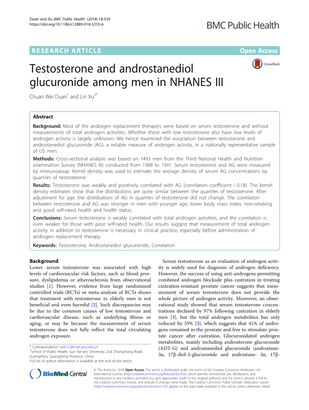 Testosterone and Androstanediol Glucuronide Among Men in NHANES III Chuan Wei Duan1 and Lin Xu2*