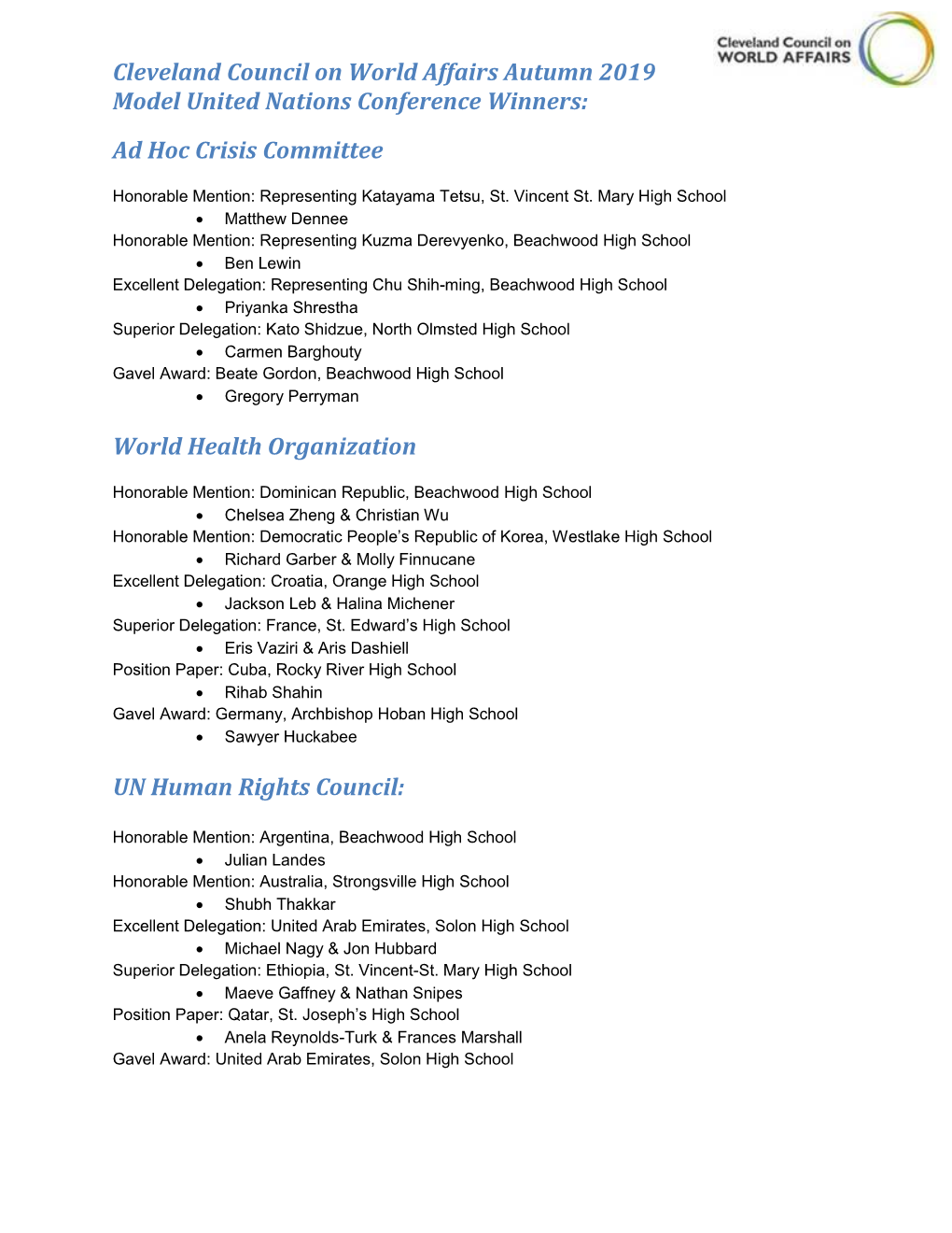 Cleveland Council on World Affairs Autumn 2019 Model United Nations Conference Winners