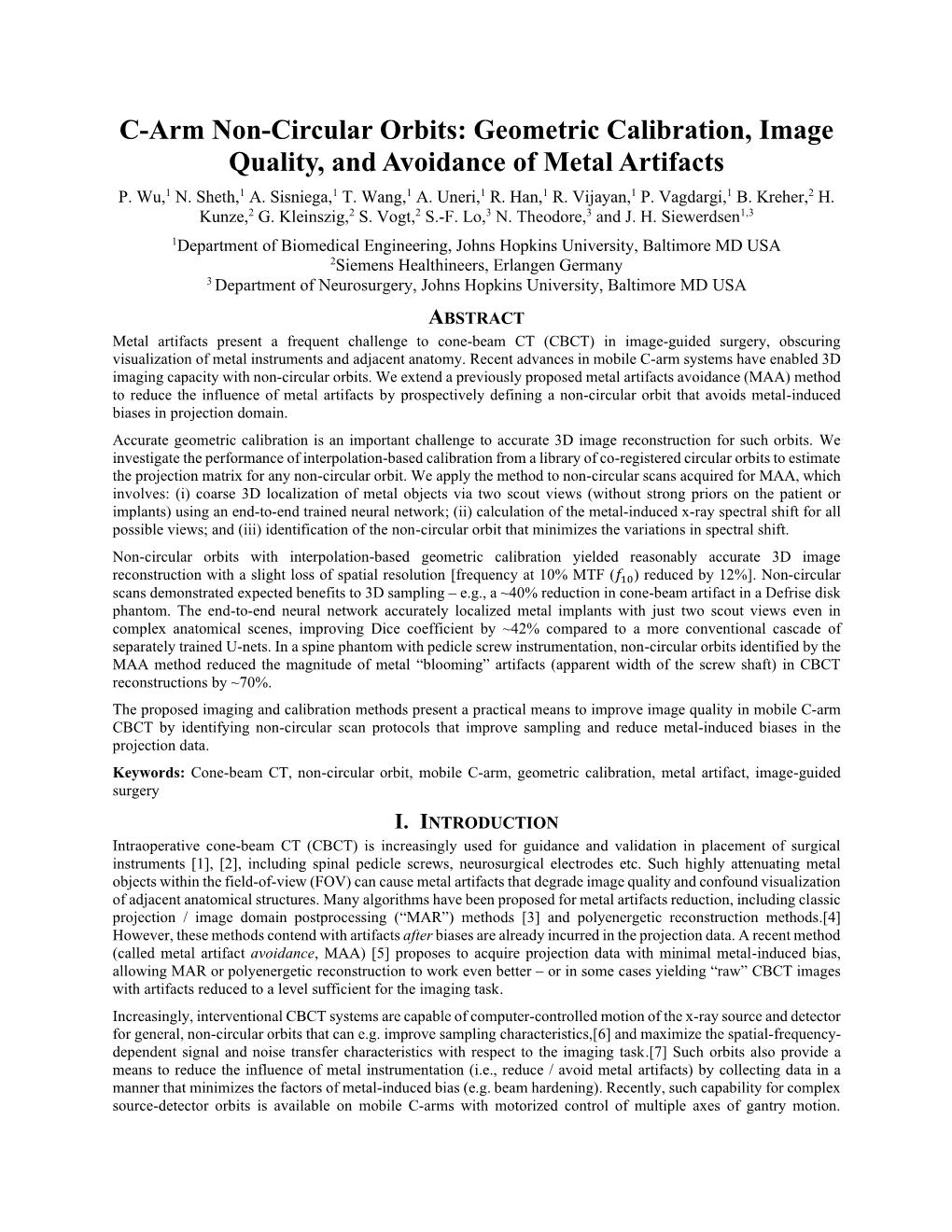 C-Arm Non-Circular Orbits: Geometric Calibration, Image Quality, and Avoidance of Metal Artifacts P