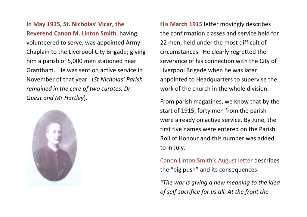 In May 1915, St. Nicholas' Vicar, the Reverend Canon M. Linton Smith, Having Volunteered to Serve, Was Appointed Army Chaplain