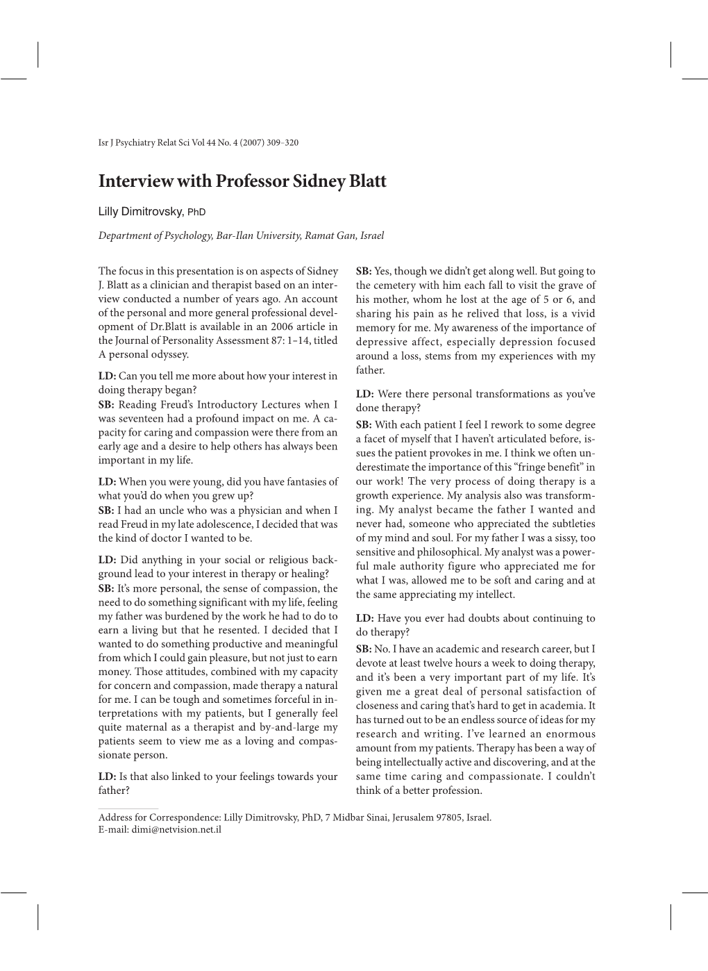 Interview with Professor Sidney Blatt