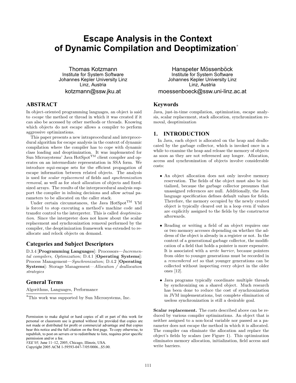 Escape Analysis in the Context of Dynamic Compilation and Deoptimization∗