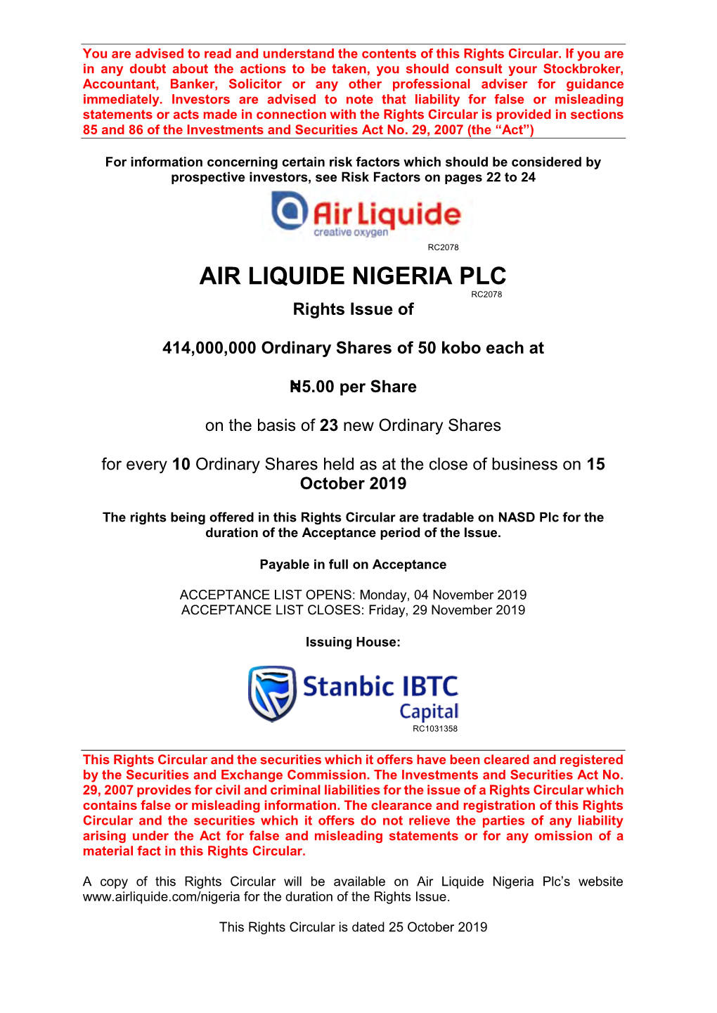 Following Document Regarding Air Liquide Nigeria