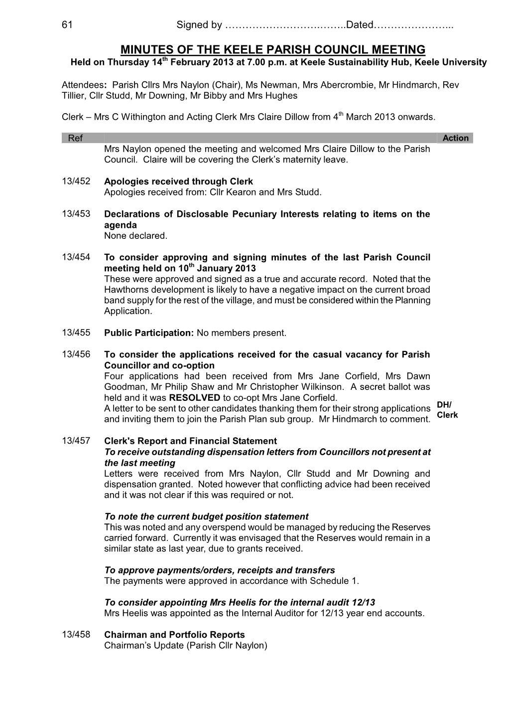 MINUTES of the KEELE PARISH COUNCIL MEETING Held on Thursday 14Th February 2013 at 7.00 P.M