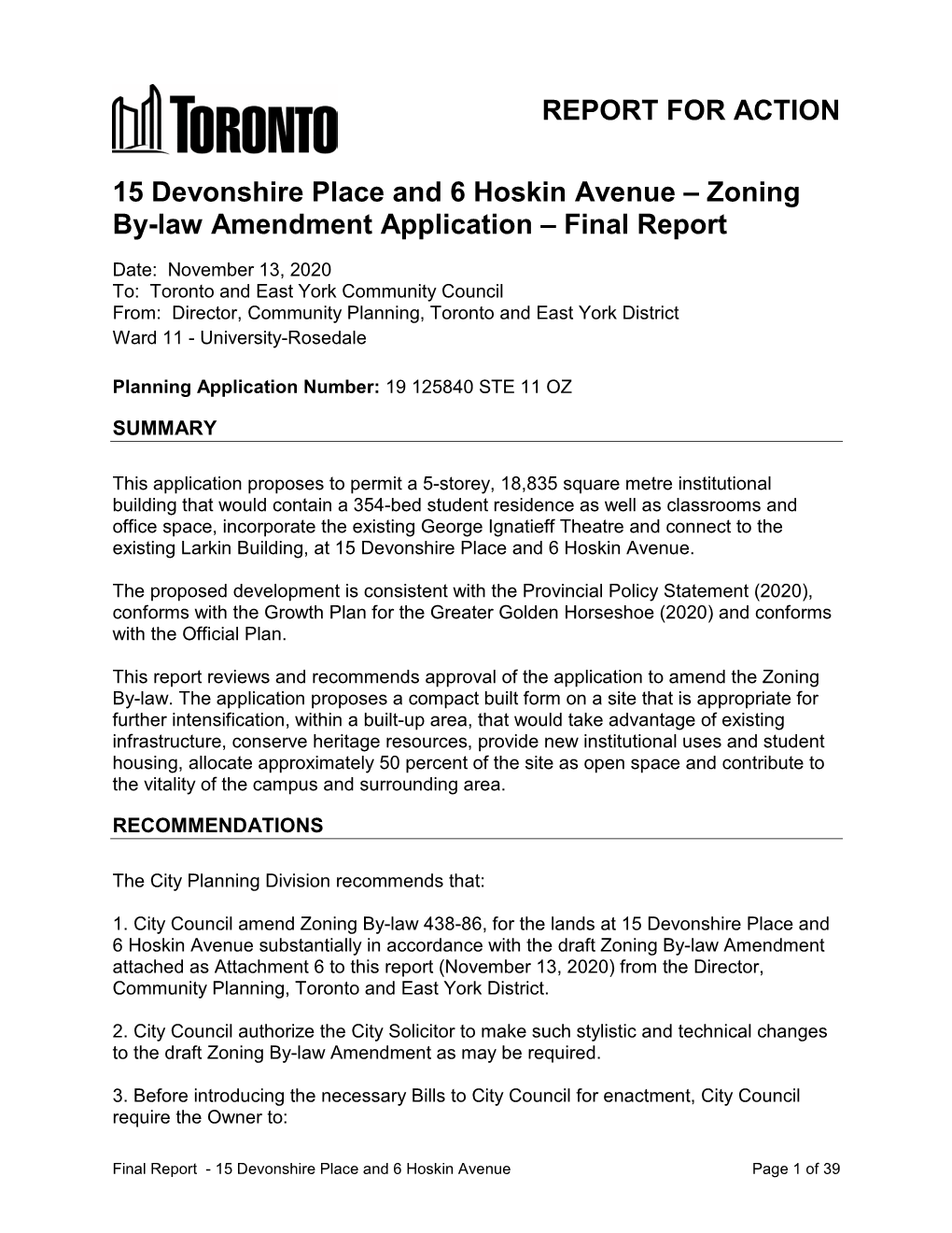15 Devonshire Place and 6 Hoskin Avenue – Zoning By-Law Amendment Application – Final Report