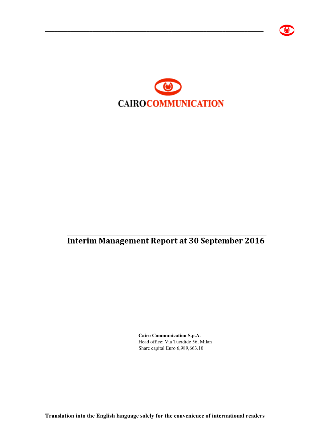 Interim Management Report at 30 September 2016