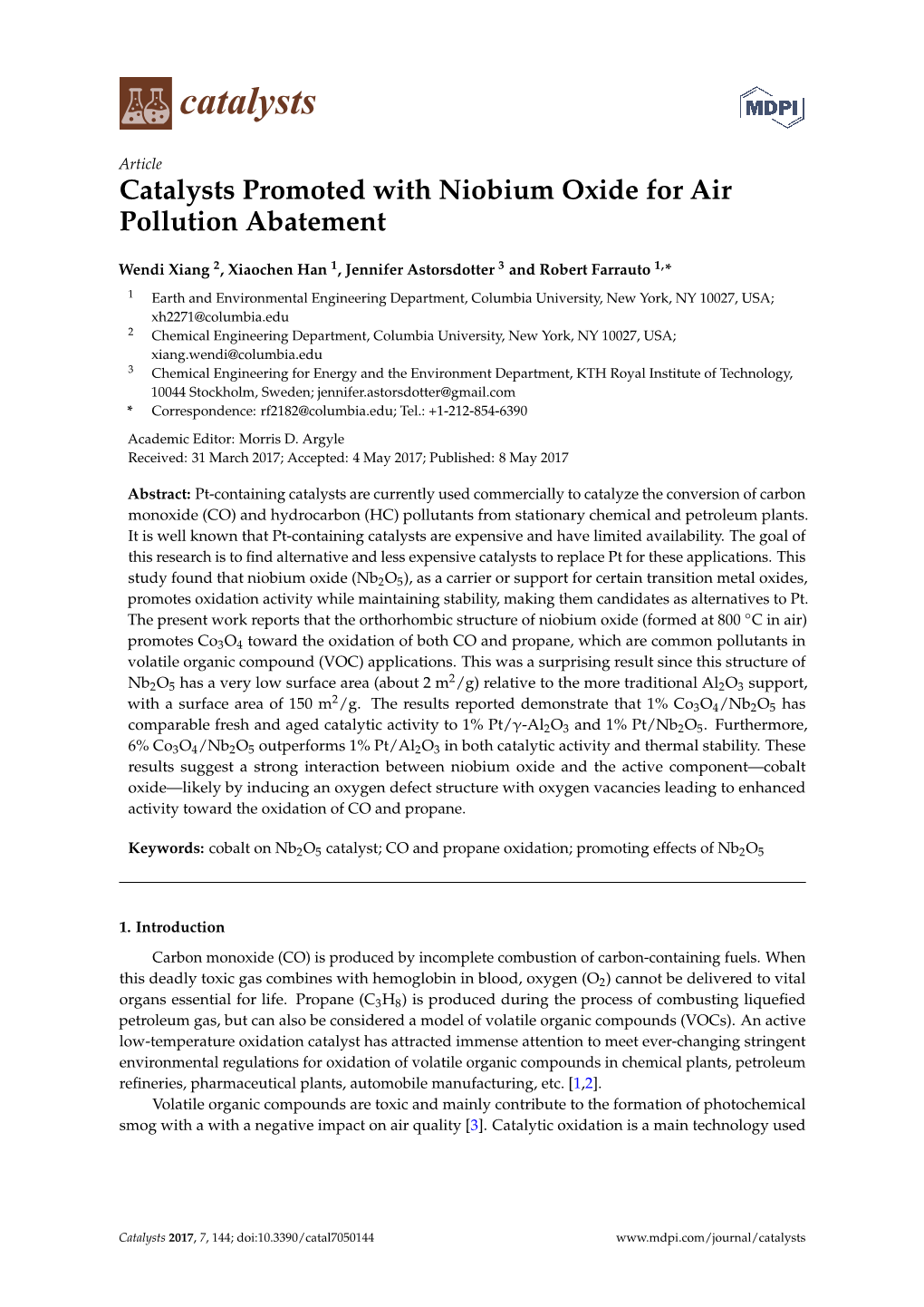 Catalysts Promoted with Niobium Oxide for Air Pollution Abatement