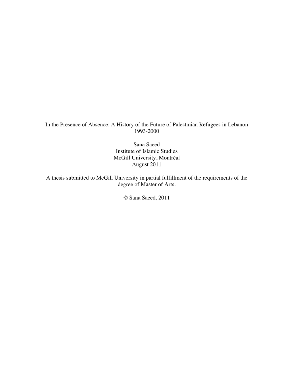 A History of the Future of Palestinian Refugees in Lebanon 1993-2000