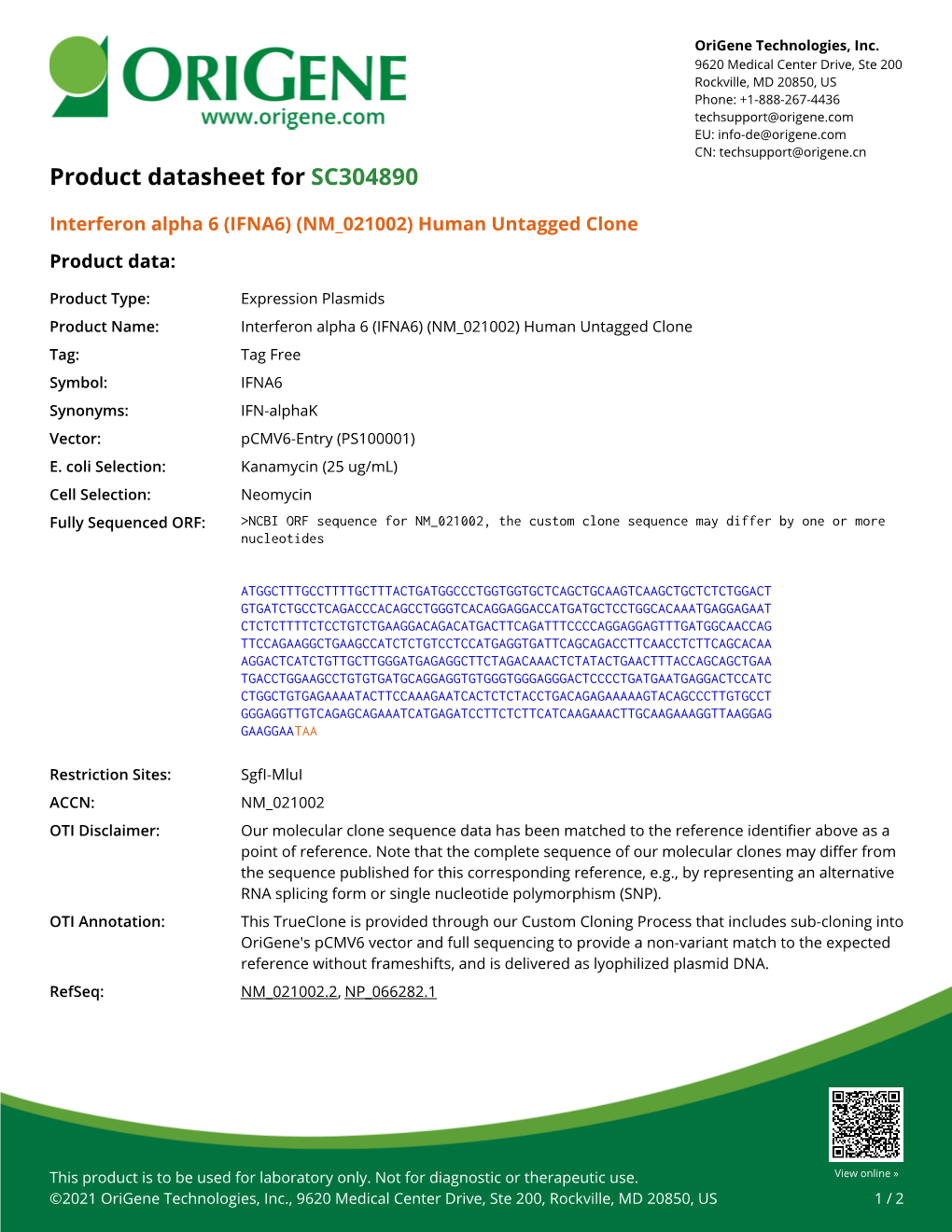 Interferon Alpha 6 (IFNA6) (NM 021002) Human Untagged Clone Product Data