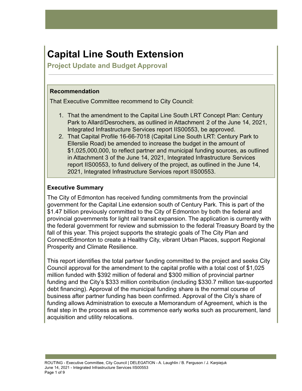 IIS00553 Capital Line South Extension - Project Update and Budget Approval