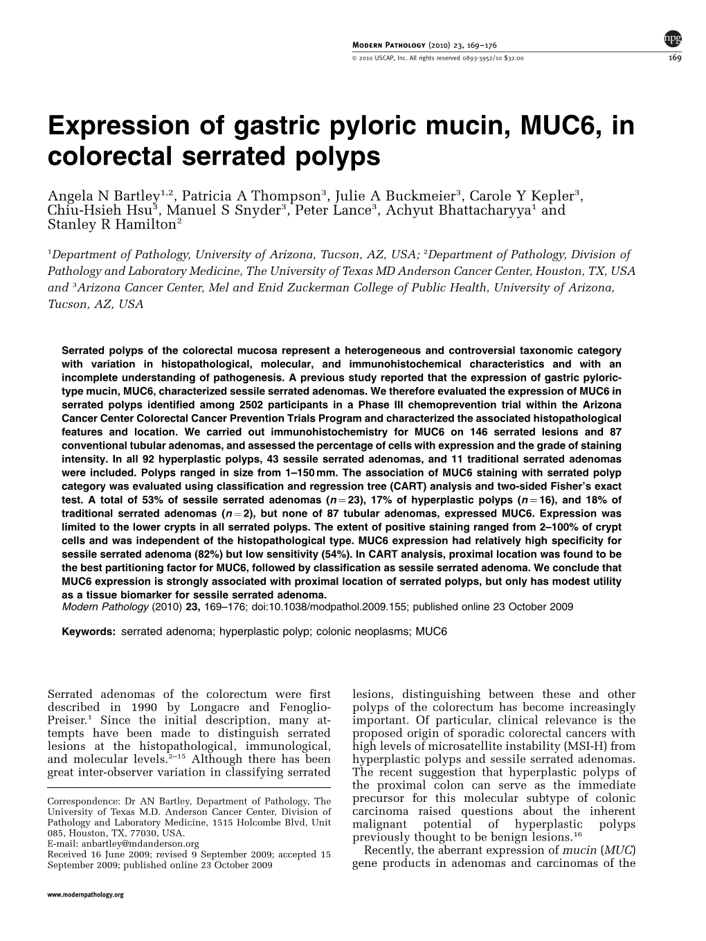 Expression of Gastric Pyloric Mucin, MUC6, in Colorectal Serrated Polyps