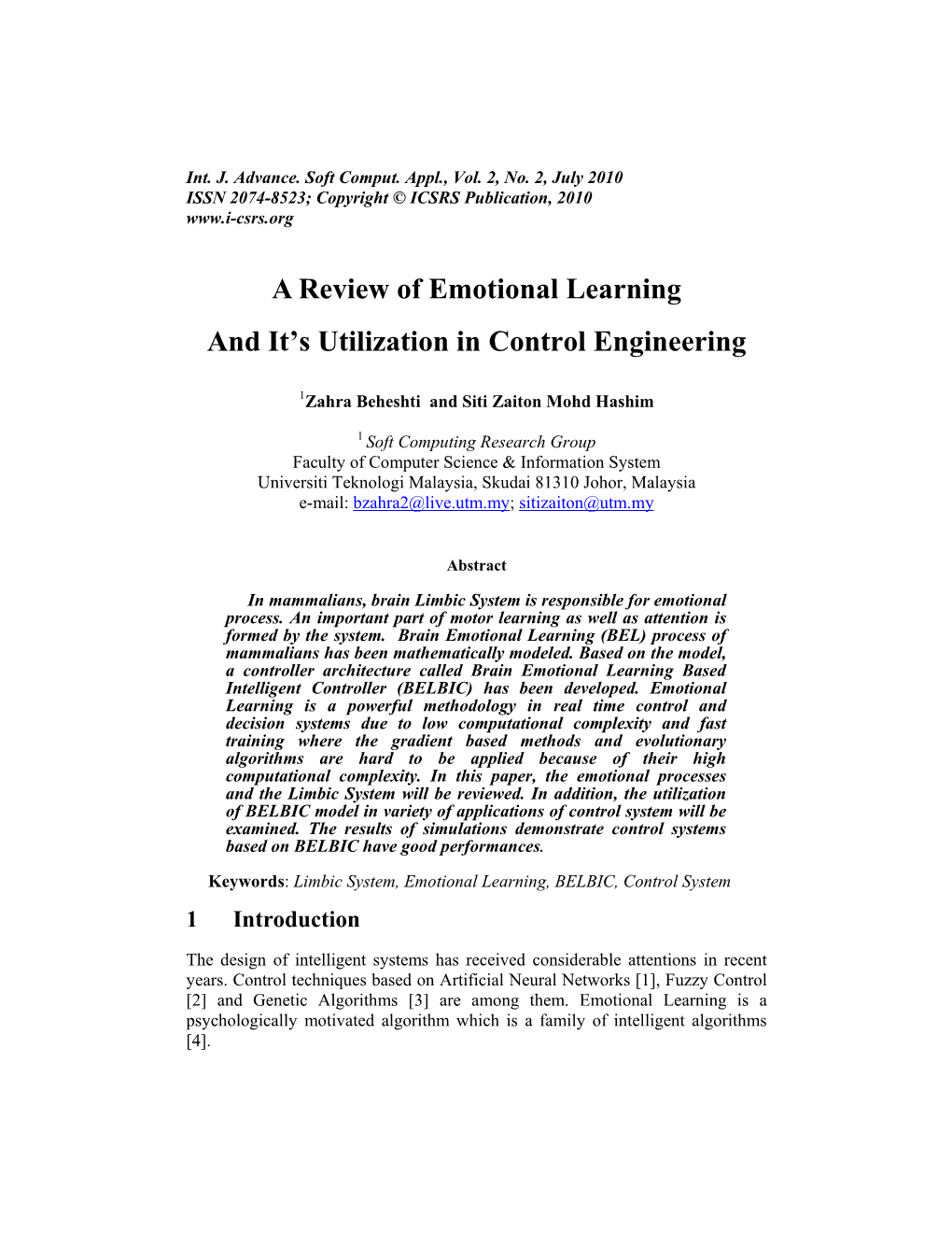 A Review of Emotional Learning and It's Utilization in Control Engineering