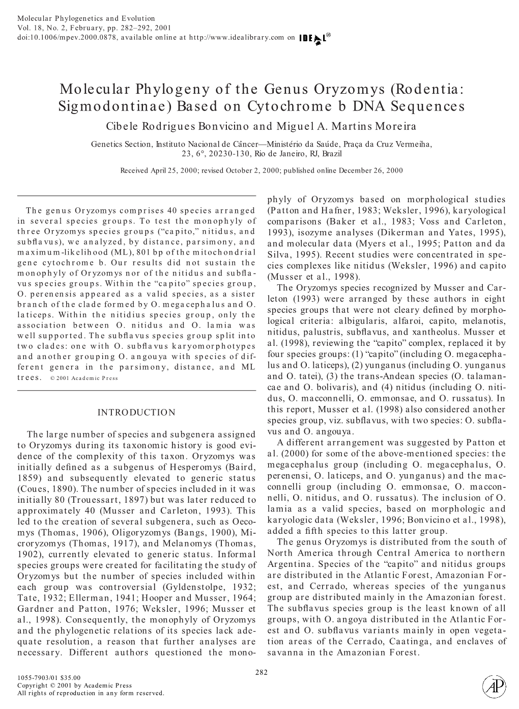 Rodentia: Sigmodontinae) Based on Cytochrome B DNA Sequences Cibele Rodrigues Bonvicino and Miguel A