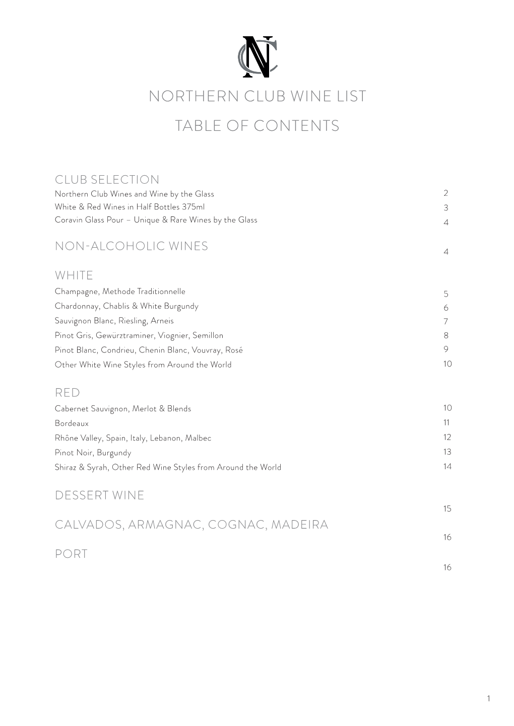 Northern Club Wine List Table of Contents