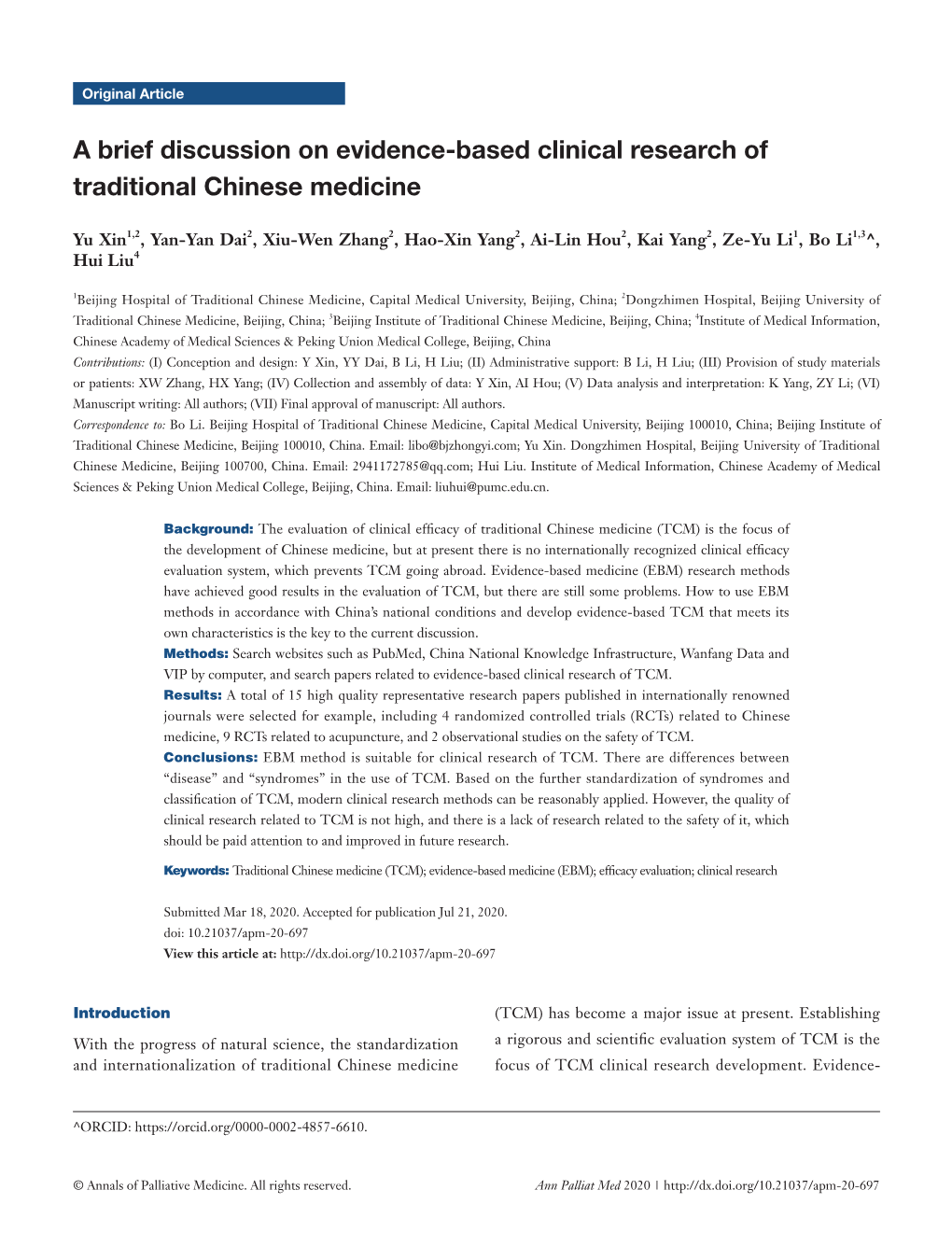 A Brief Discussion on Evidence-Based Clinical Research of Traditional Chinese Medicine