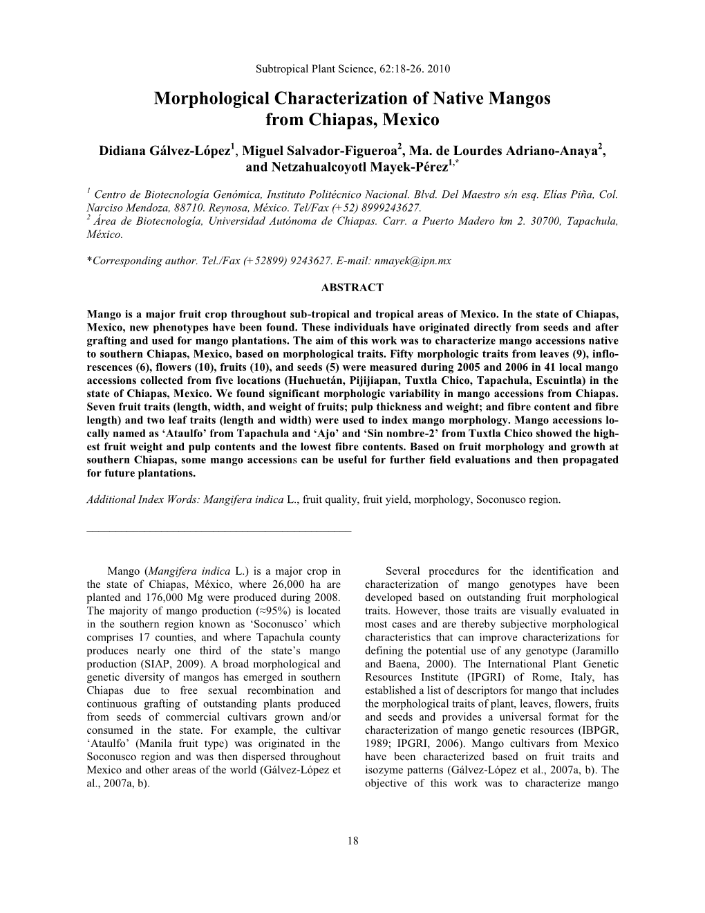 Morphological Characterization of Native Mangos from Chiapas, Mexico