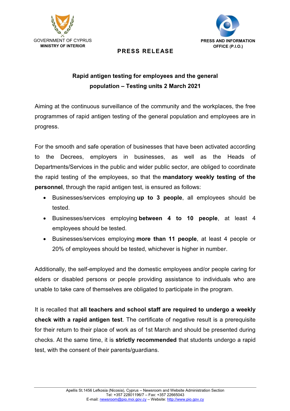 Rapid Antigen Testing for Employees and the General Population – Testing Units 2 March 2021