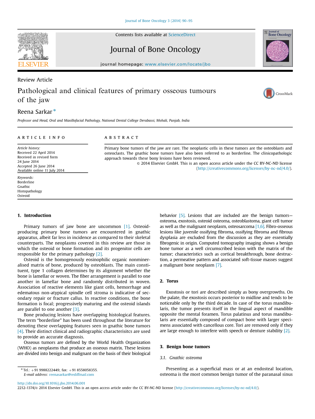 Pathological and Clinical Features of Primary Osseous Tumours of the Jaw