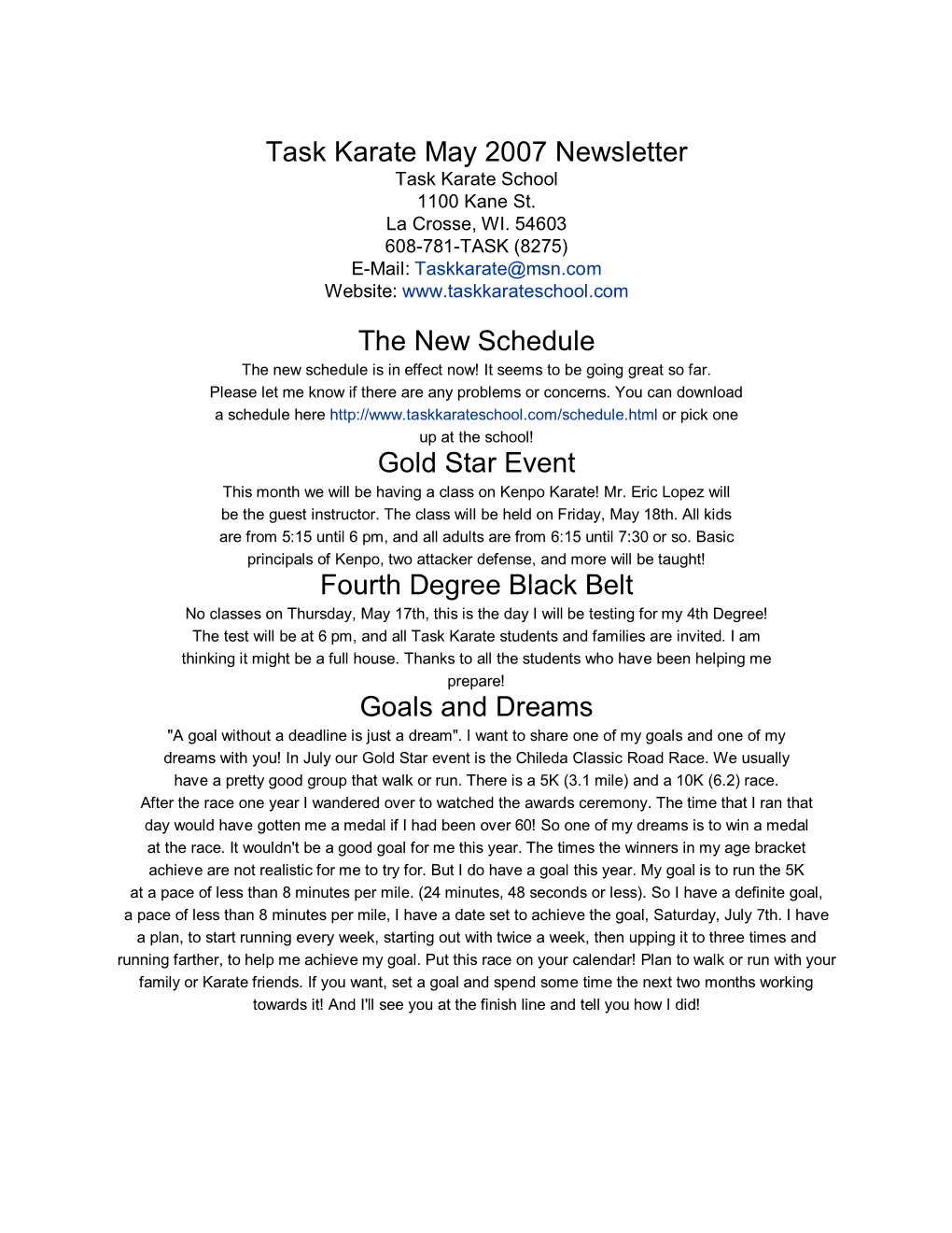 Task Karate May 2007 Newsletter the New Schedule Gold Star