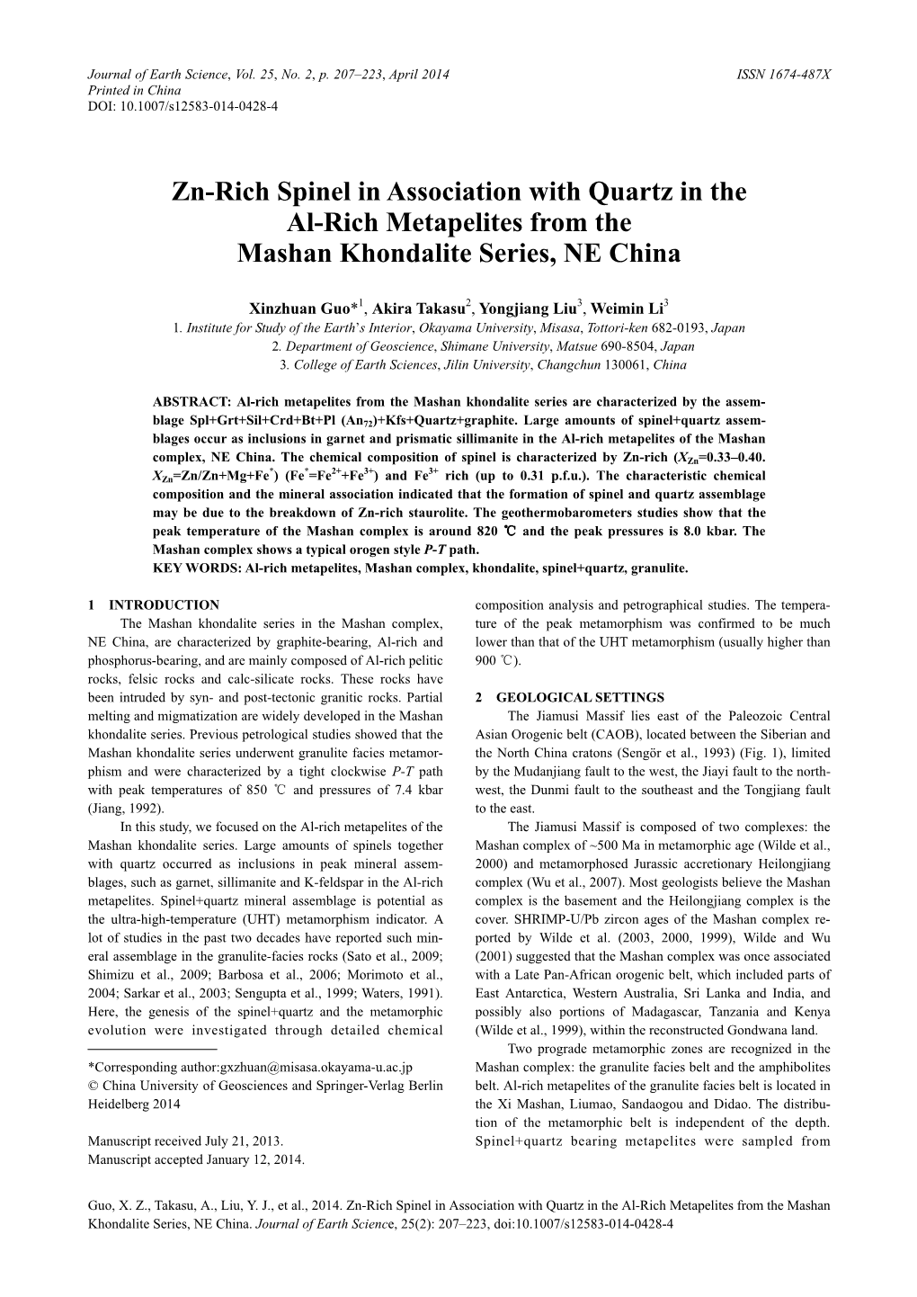 Zn-Rich Spinel in Association with Quartz in the Al-Rich Metapelites from the Mashan Khondalite Series, NE China