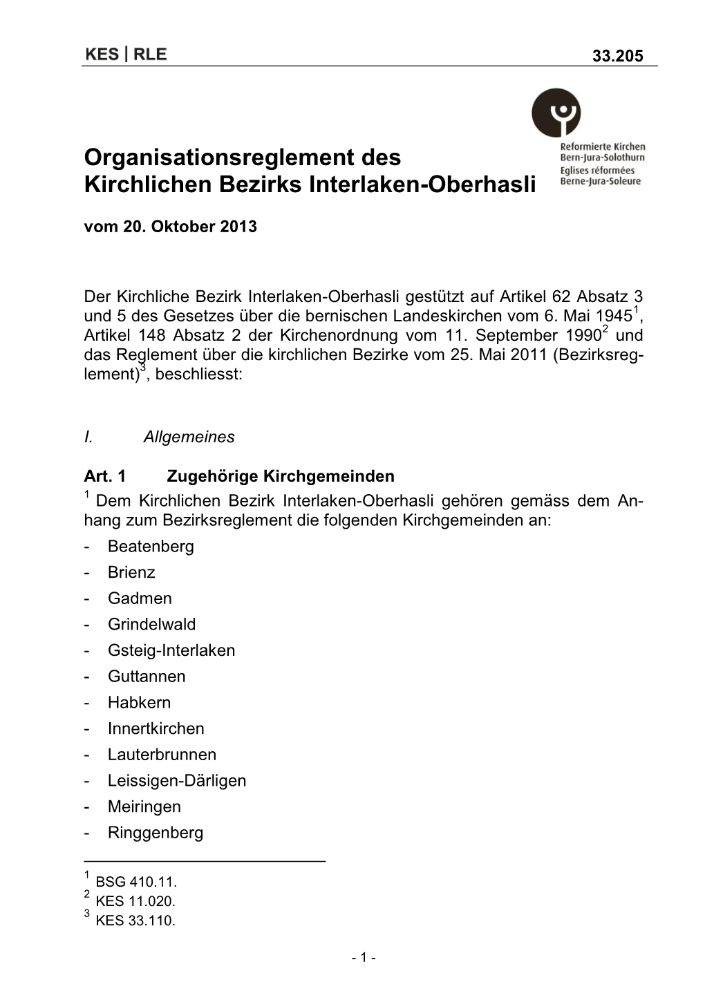 Organisationsreglement Des Kirchlichen Bezirks Interlaken-Oberhasli Vom 20