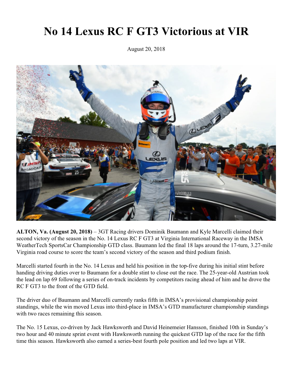 No 14 Lexus RC F GT3 Victorious at VIR