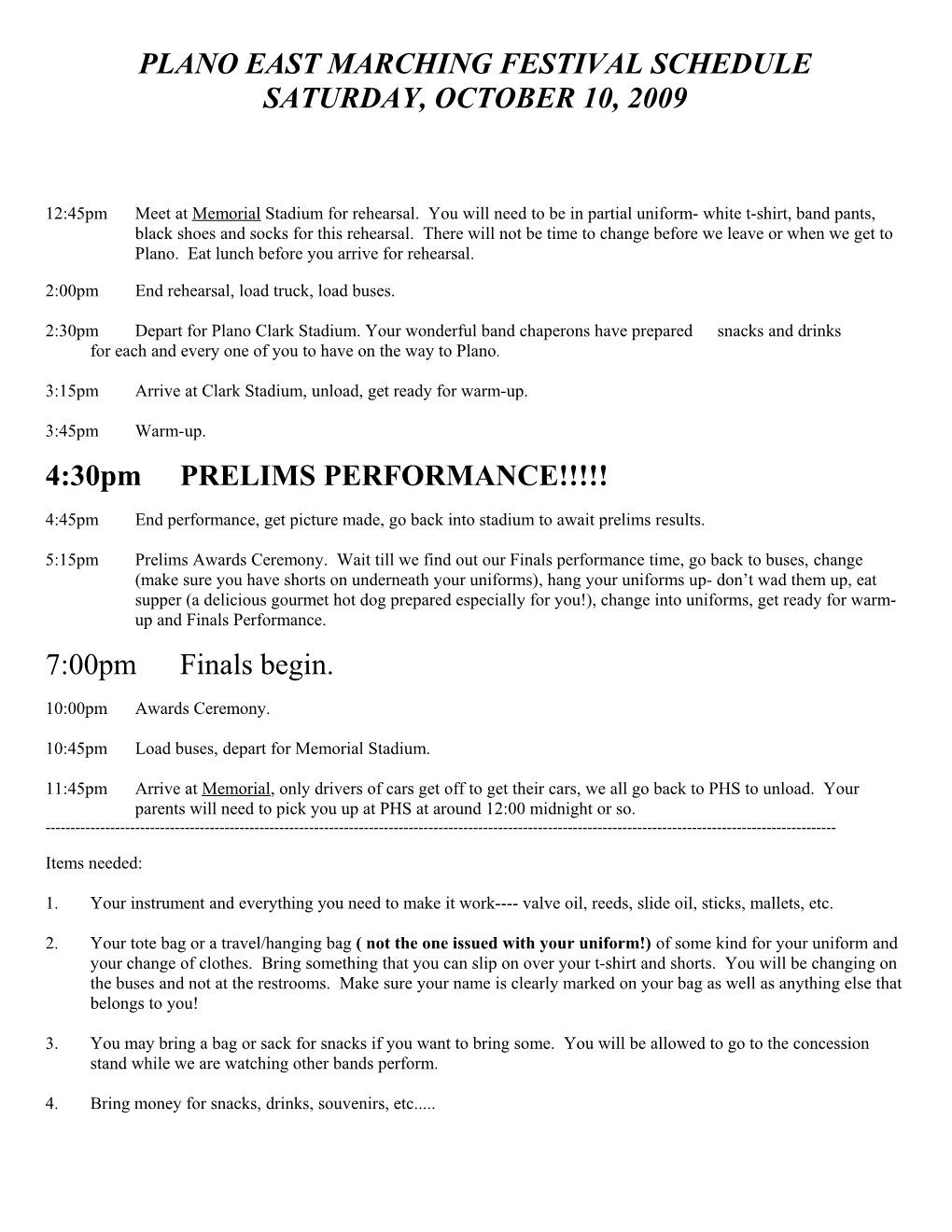 Plano East Marching Festival Schedule