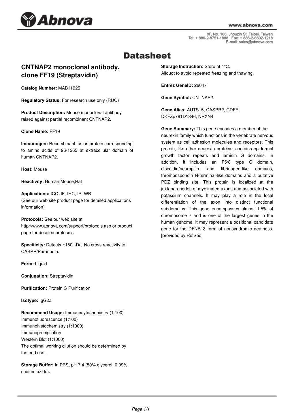 CNTNAP2 Monoclonal Antibody, Clone FF19 (Streptavidin)