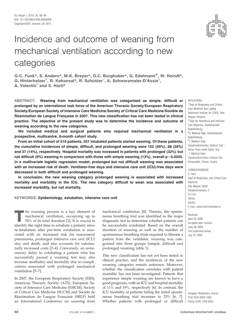 Incidence and Outcome of Weaning from Mechanical Ventilation According to New Categories