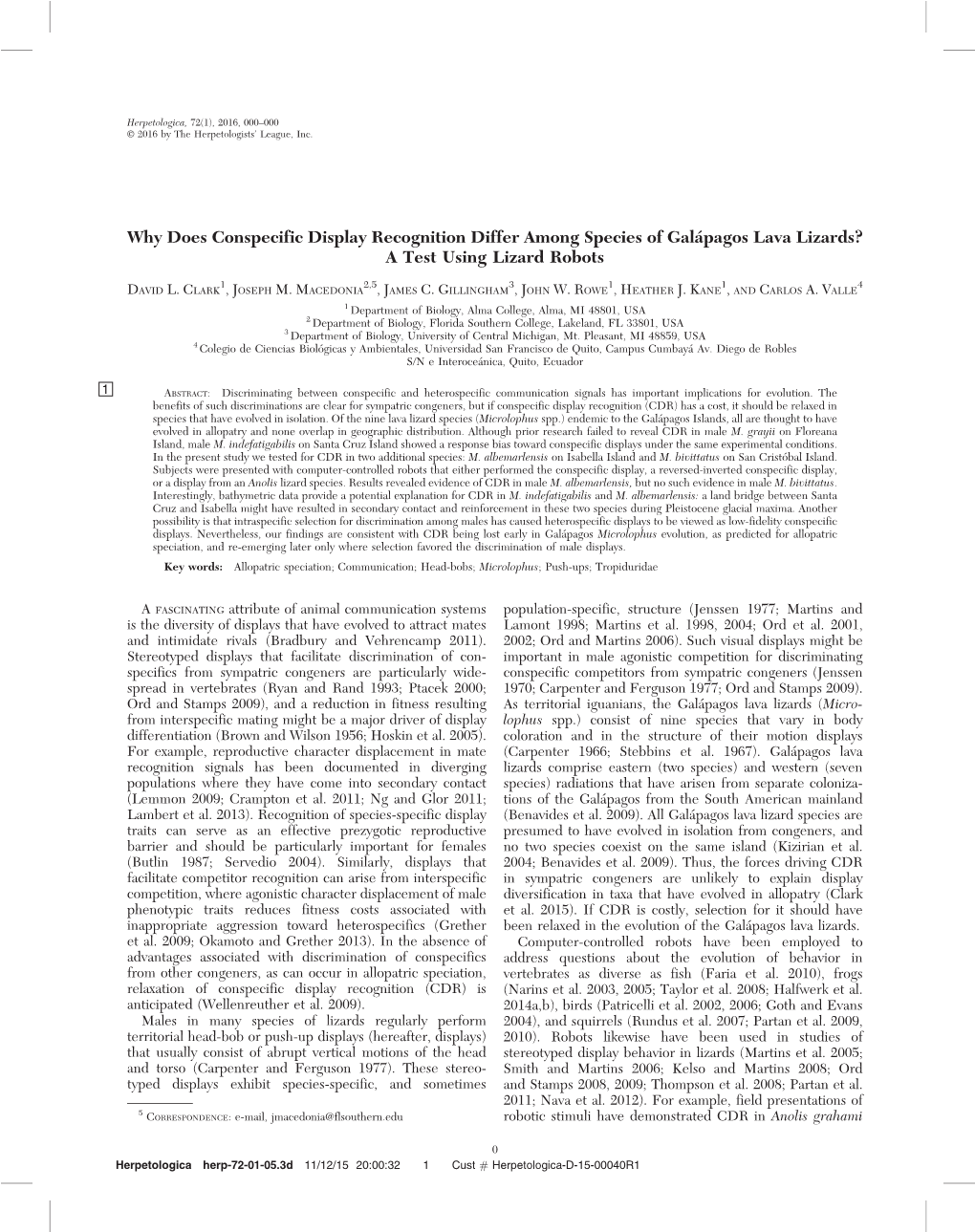 Why Does Conspecific Display Recognition Differ Among Species of Gala´Pagos Lava Lizards? a Test Using Lizard Robots